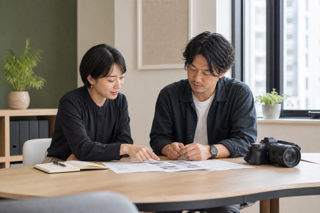 福岡での企業撮影に向けて、カメラと撮影資料を確認する企業担当者と撮影者