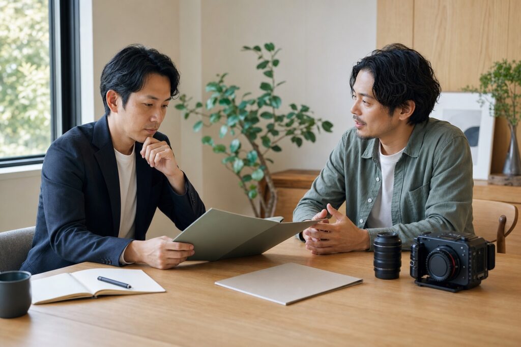 映像制作の依頼先について資料を見ながら比較検討する企業担当者