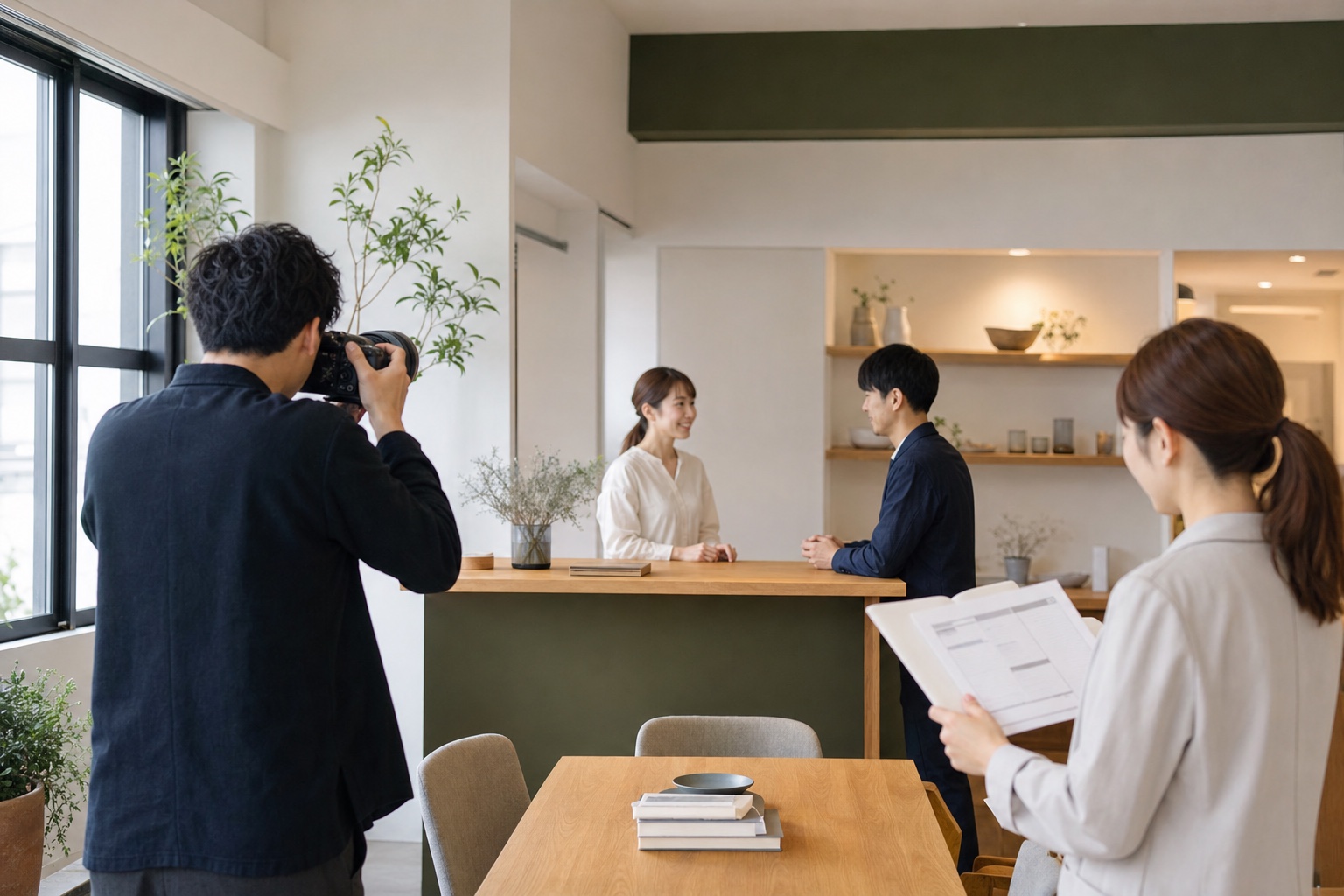 店舗で接客風景を撮影しながら担当者が撮影リストを確認する様子