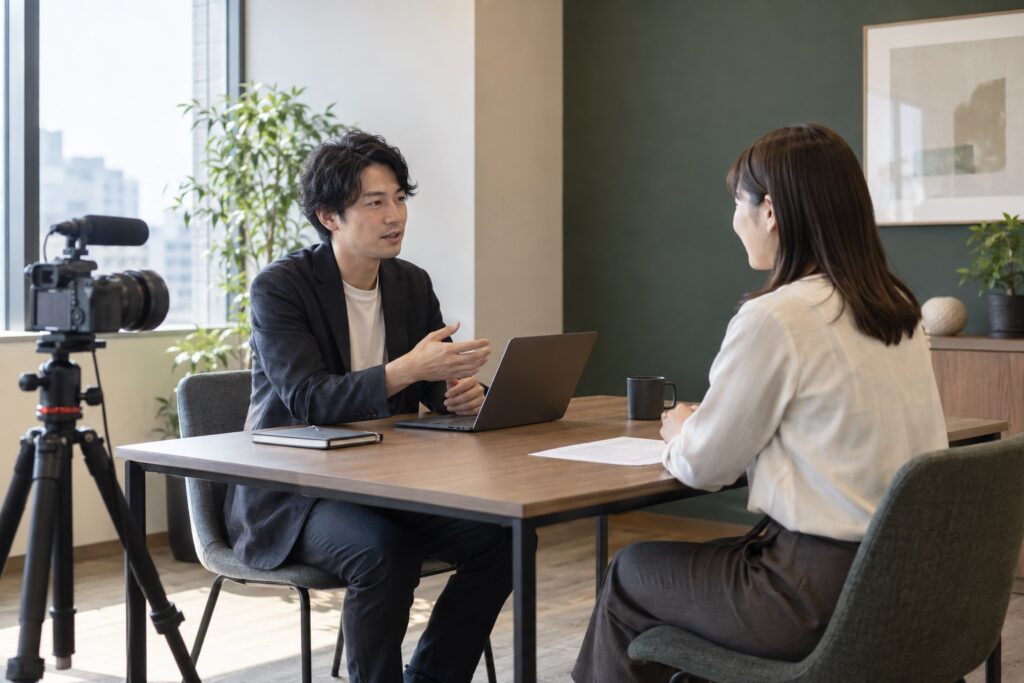 社員インタビュー動画の撮影前に、カメラのそばで会話する二人の生成イメージ