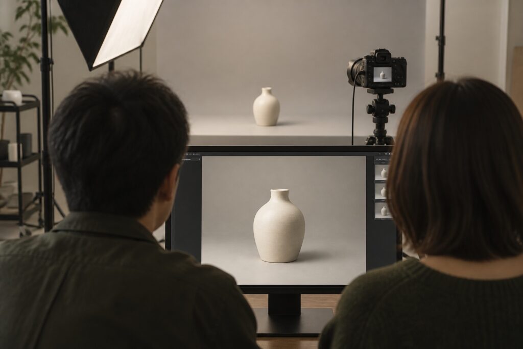 陶器の商品写真をモニターで確認する担当者と撮影者のAI生成イメージ
