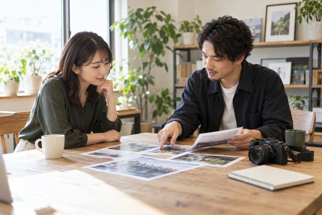 撮影の参考写真を見ながら打ち合わせをする二人のAI生成イメージ