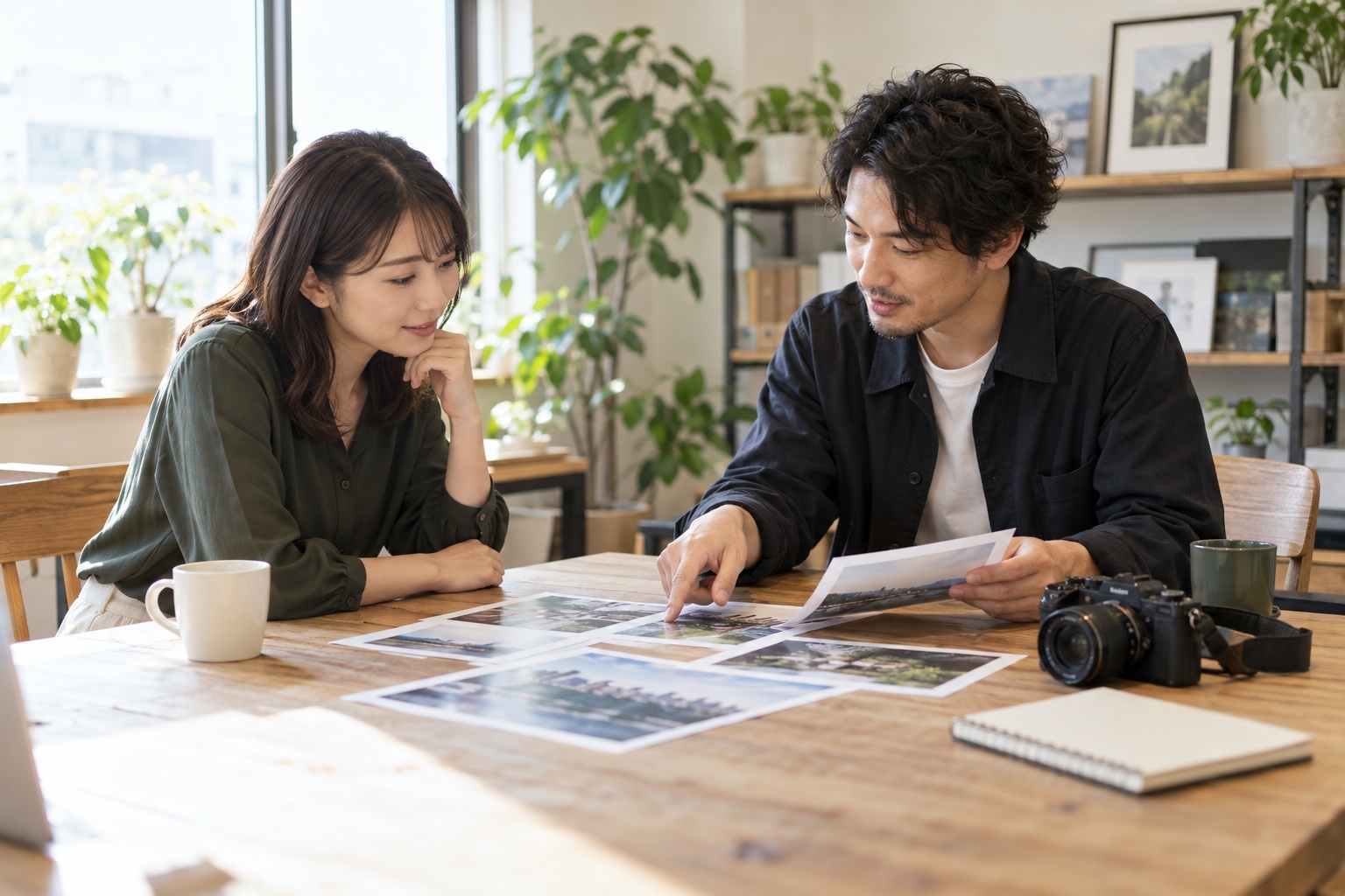 撮影の参考写真を見ながら打ち合わせをする二人のAI生成イメージ